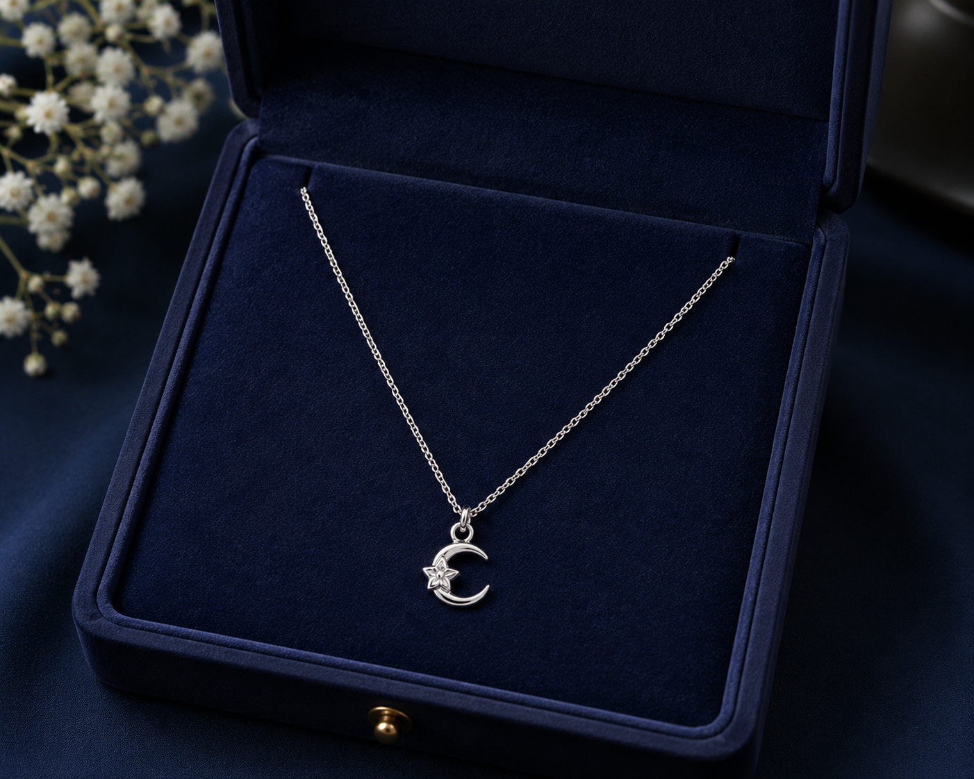 Elegant Silver Short Necklace with Crescent Moon & Star Pendant