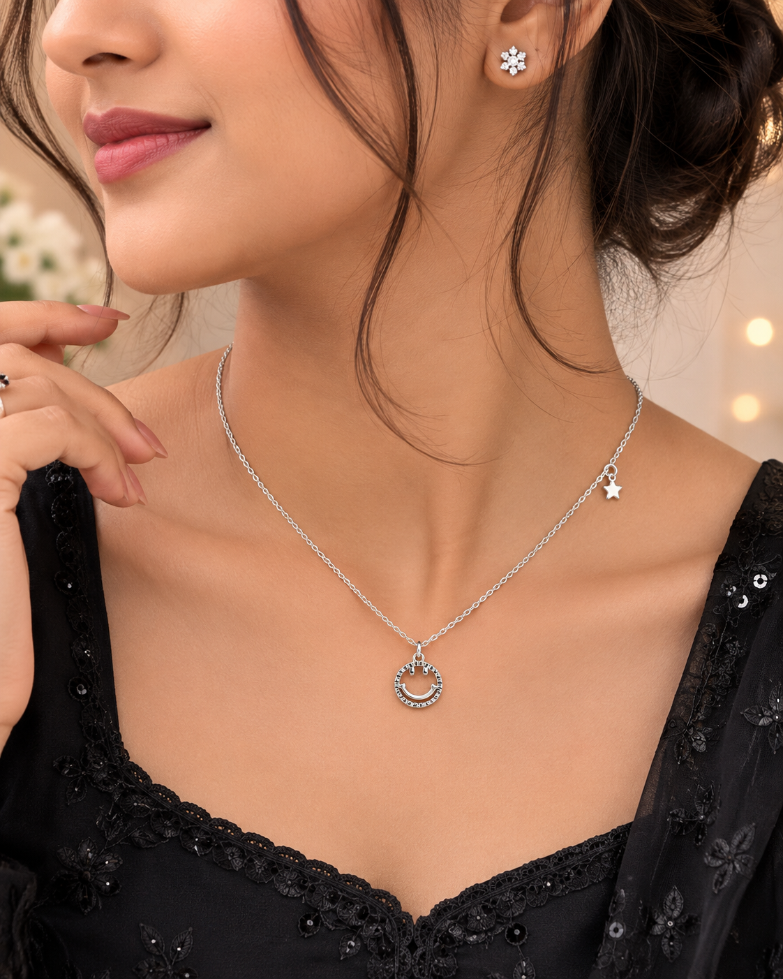 Silver Short Necklace with Crescent Moon & Star Charms