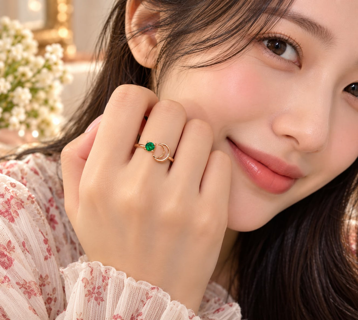 Rose Gold Crescent Moon Green Stone Ring