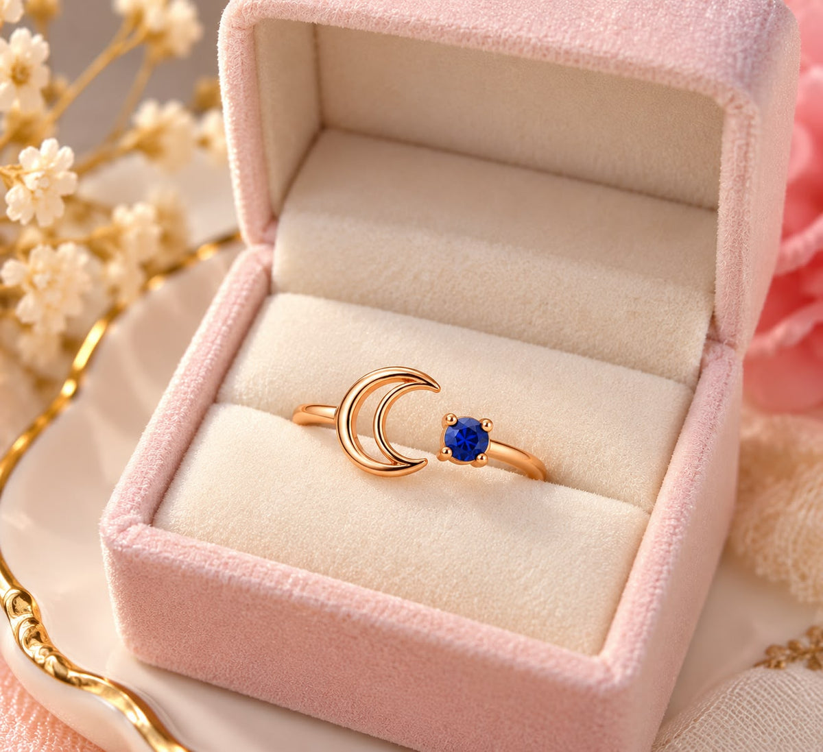 Rose Gold Crescent Moon September Birthstone Ring 💙