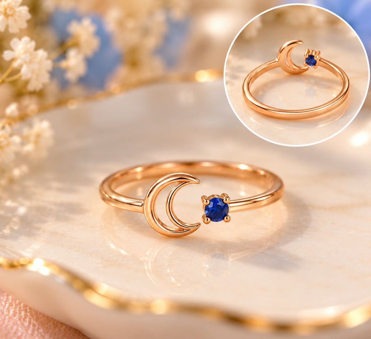 Rose Gold Crescent Moon September Birthstone Ring 💙