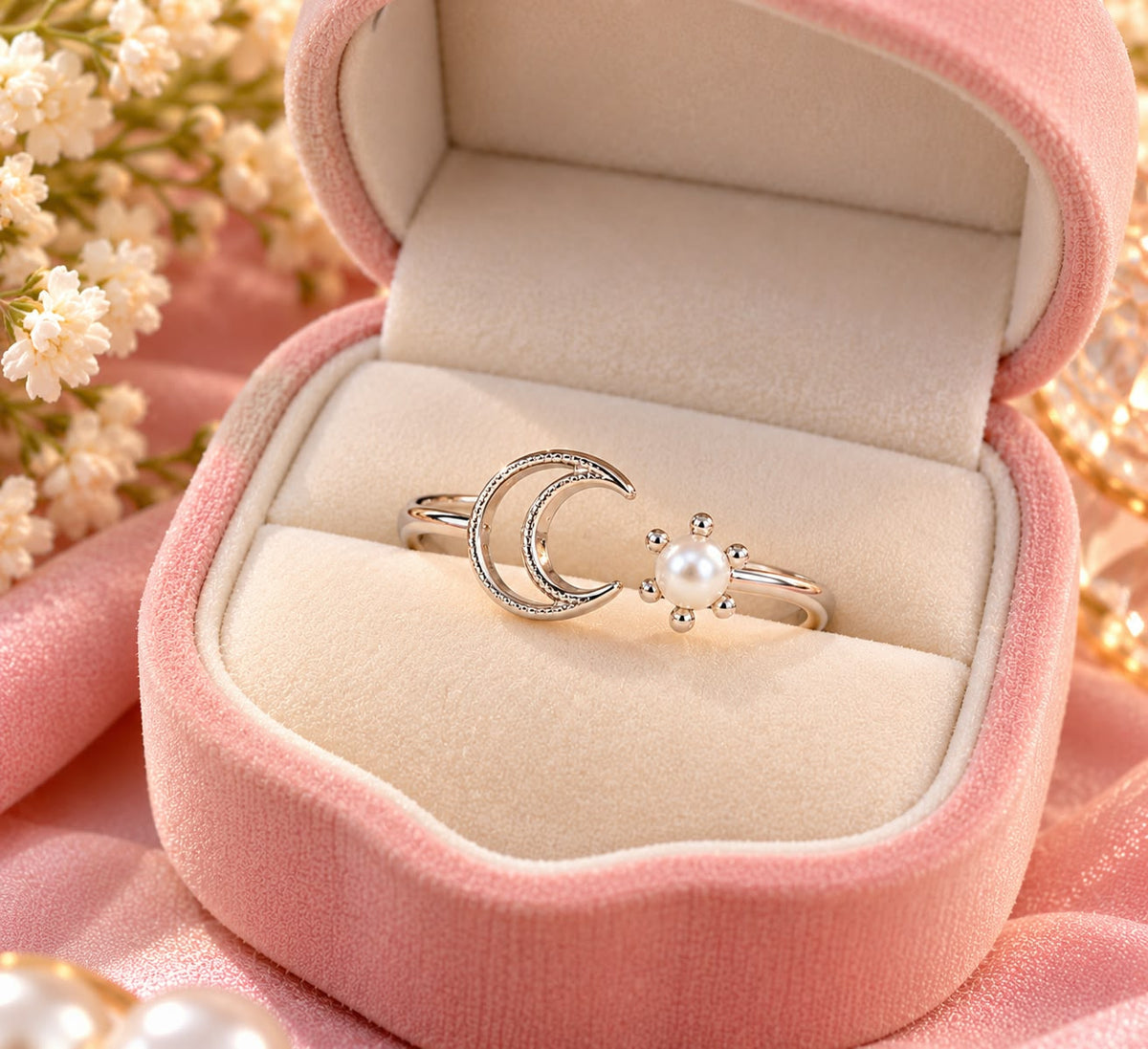 Silver Crescent Moon Birthstone Pearl Ring 🤍