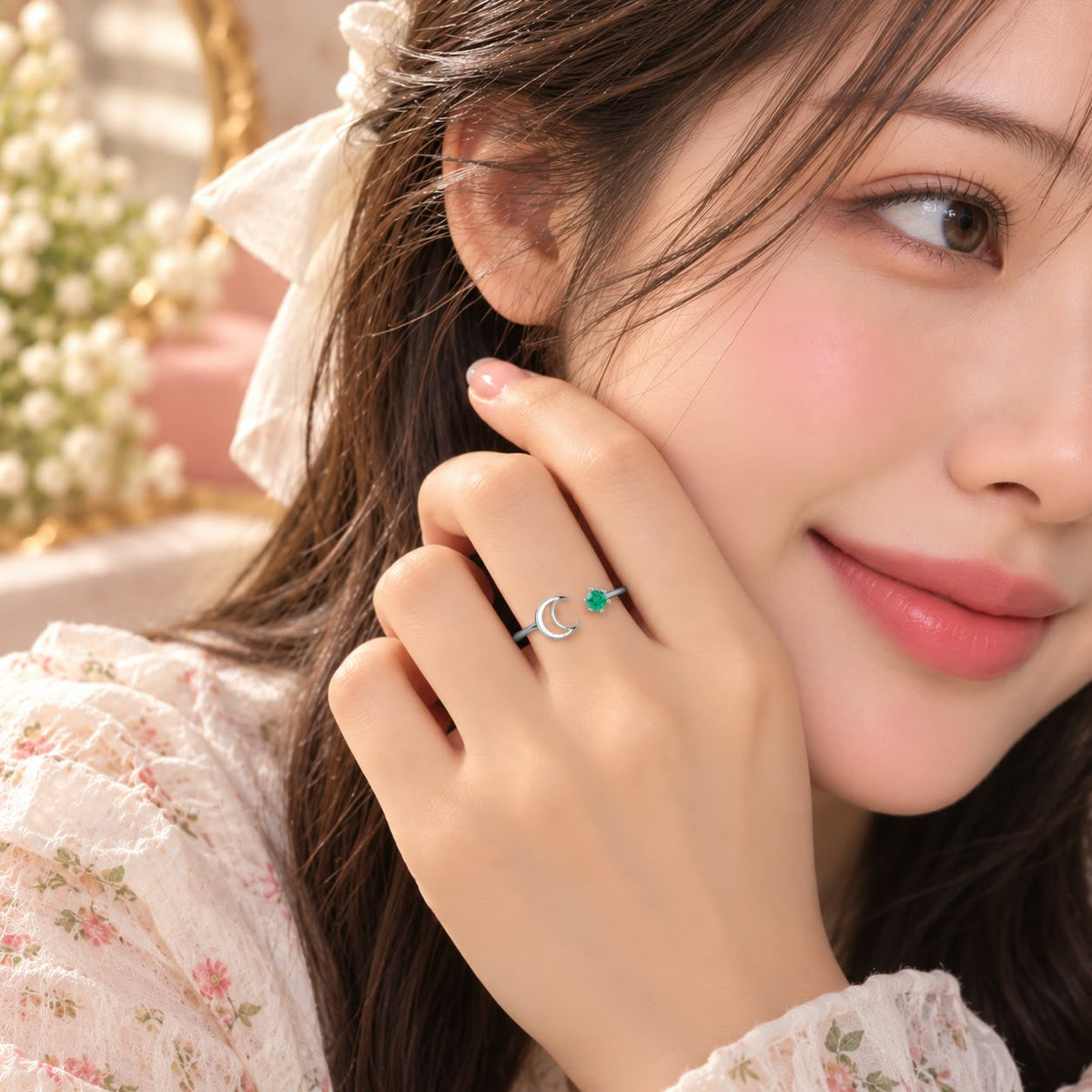 May Birthstone Crescent Green Gemstone Ring