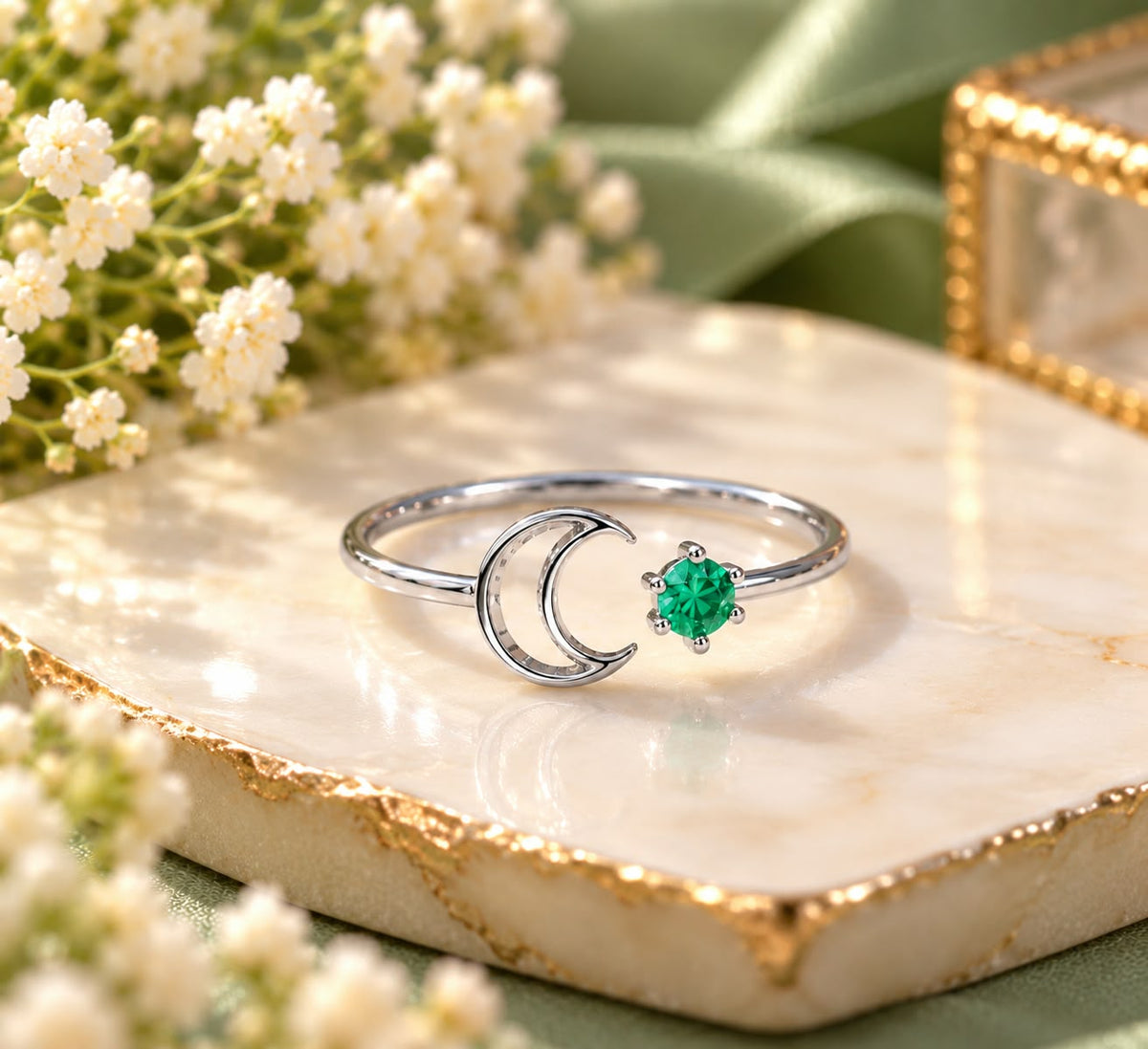 May Birthstone Crescent Green Gemstone Ring