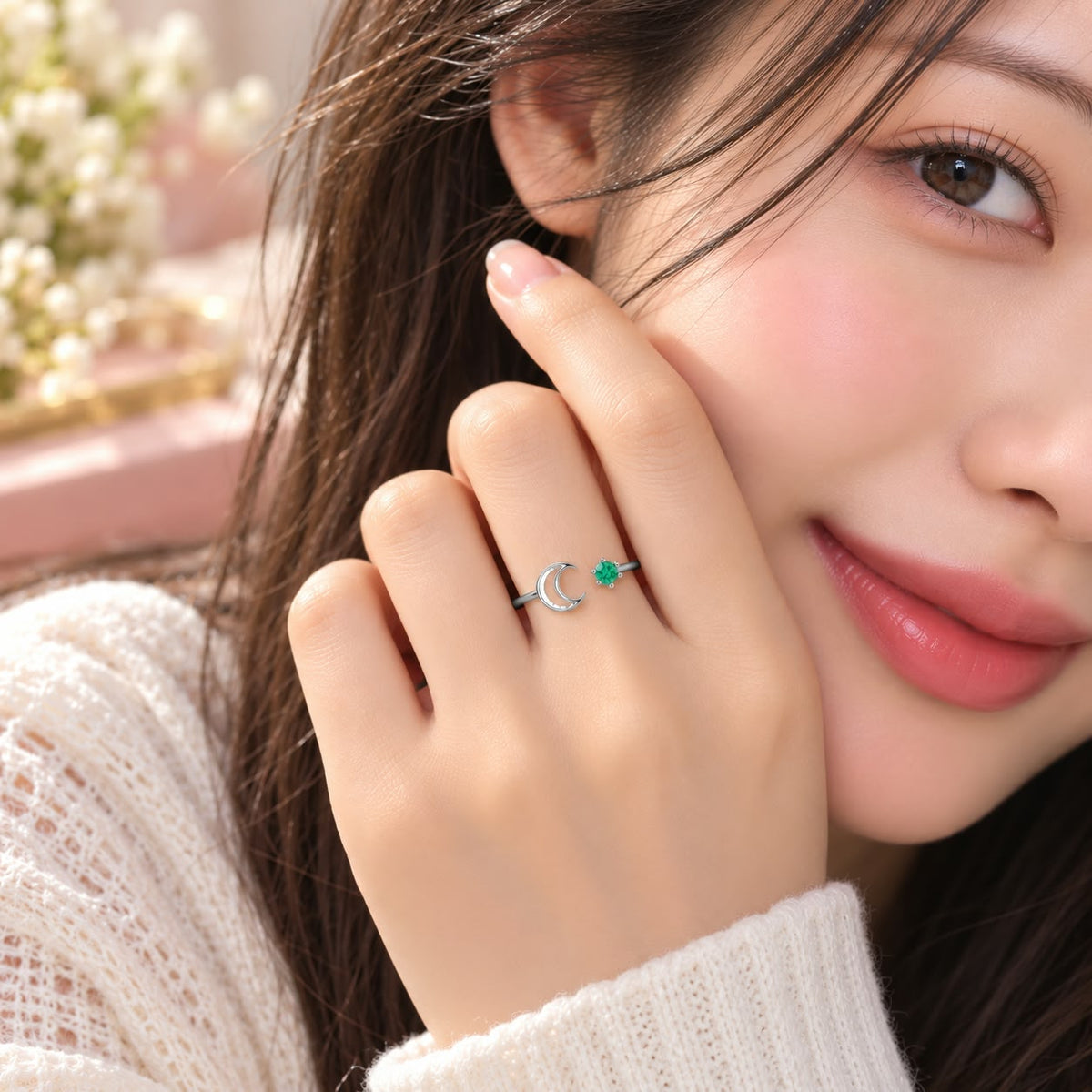 May Birthstone Crescent Green Gemstone Ring