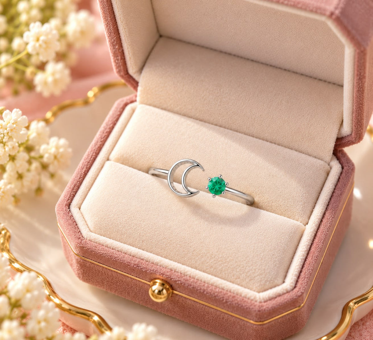 May Birthstone Crescent Green Gemstone Ring