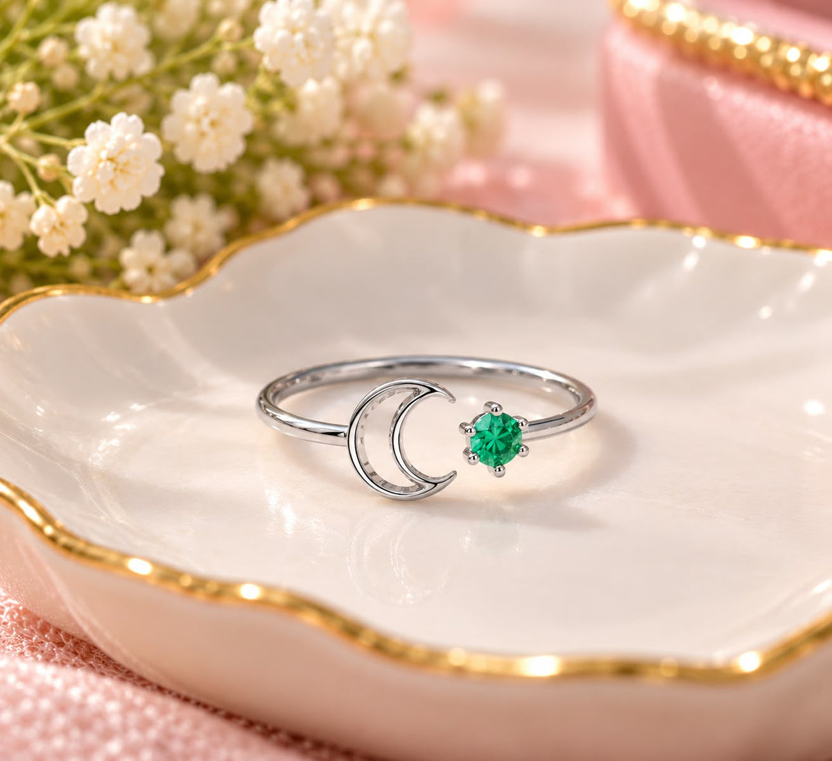May Birthstone Crescent Green Gemstone Ring