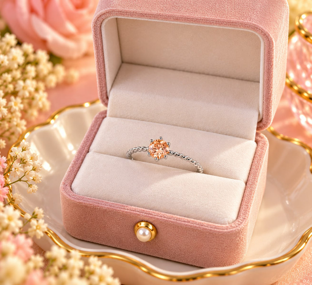 November Birthstone Peach Gemstone Ring