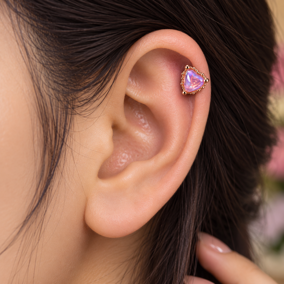 Rose Gold Purple Heart Ear Piercing
