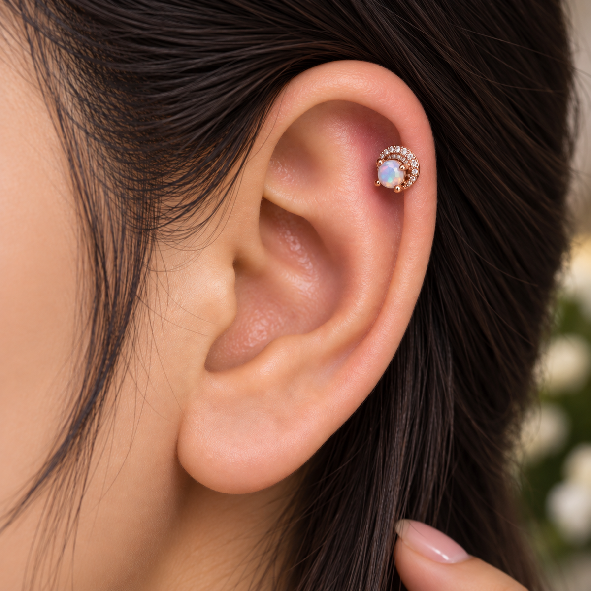 Rose Gold Opal Stone Ear Piercing