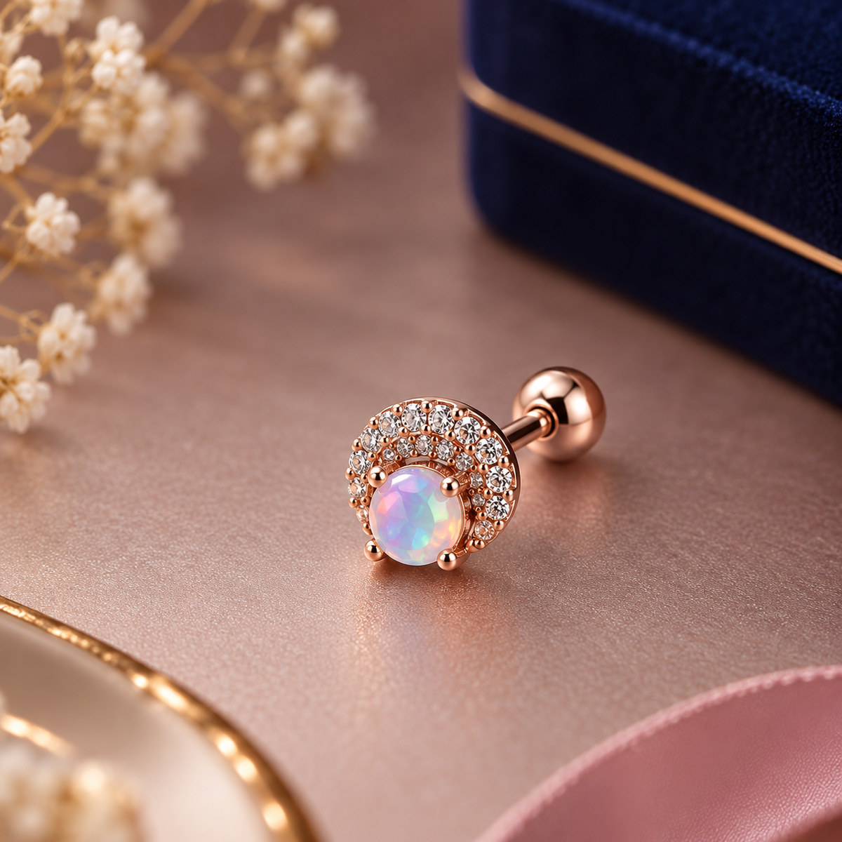 Rose Gold Opal Stone Ear Piercing