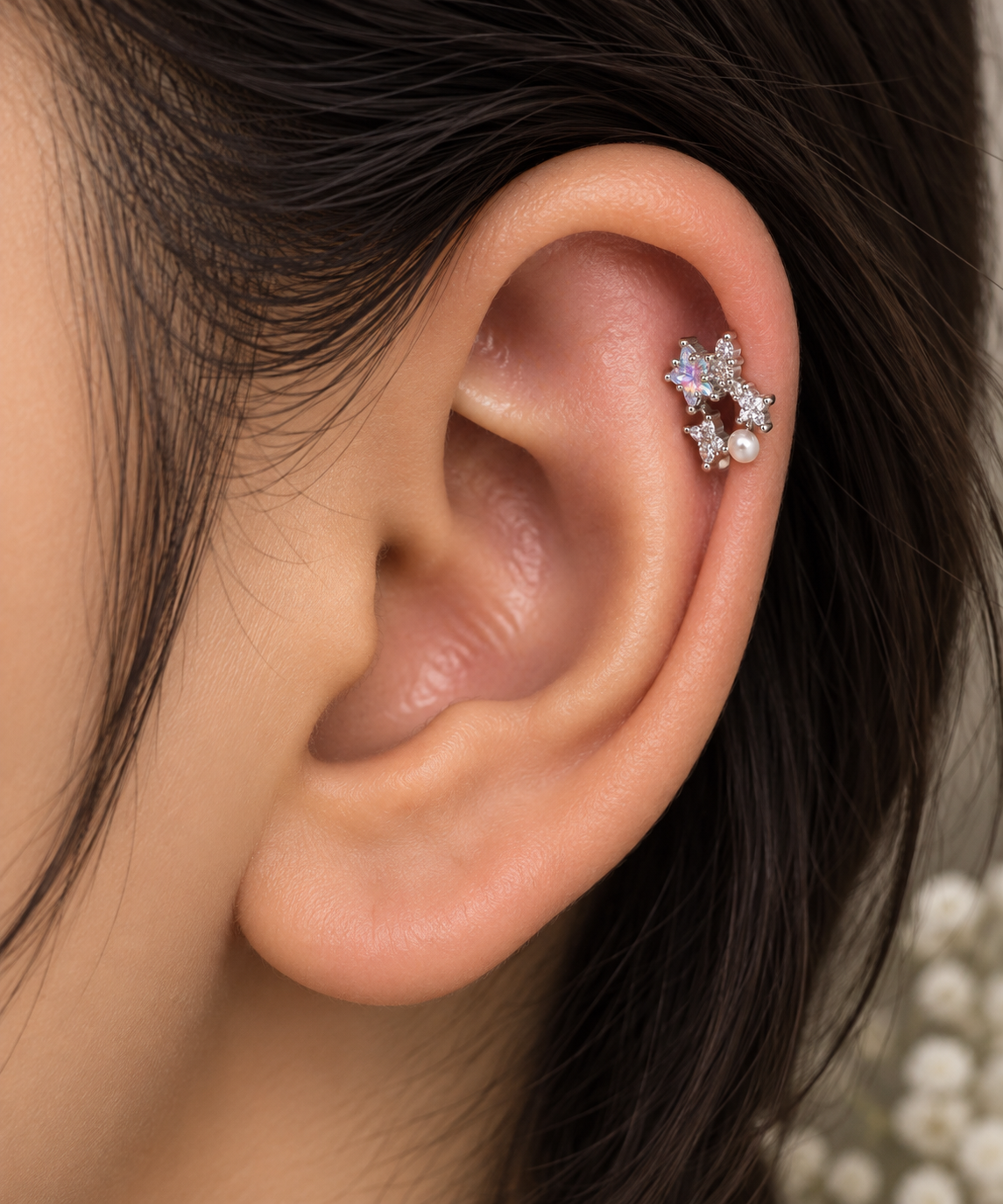 Silver Floral Pearl Ear Piercing