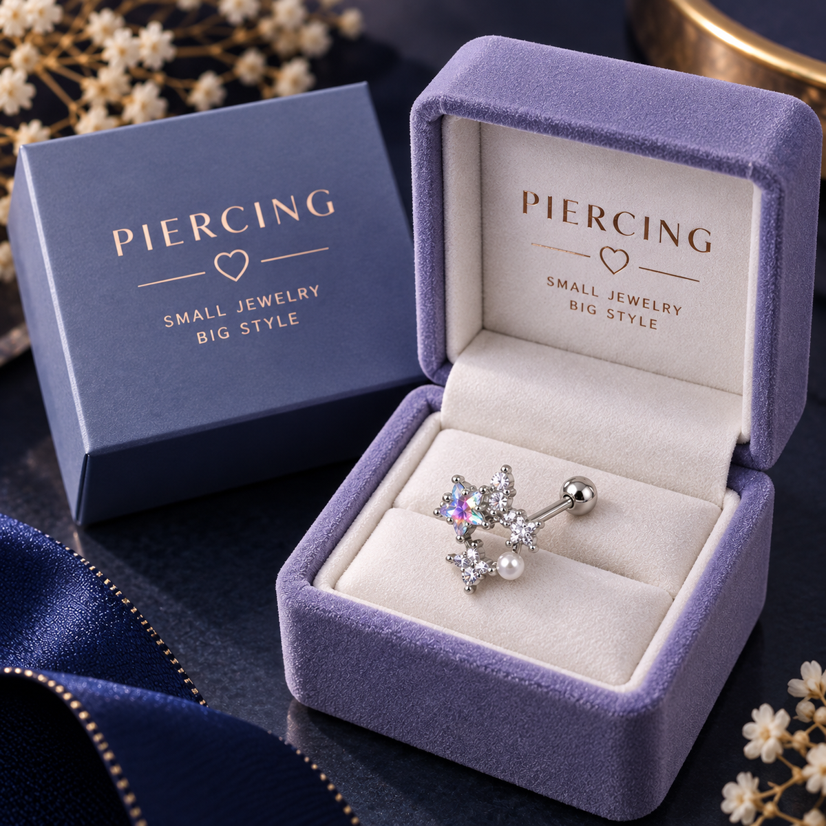 Silver Floral Pearl Ear Piercing