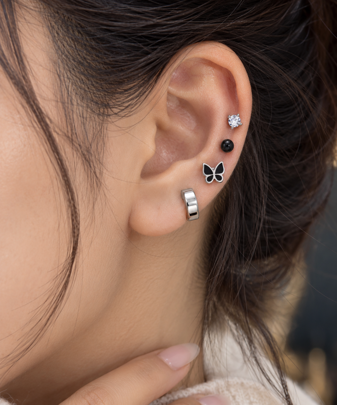 Silver Butterfly Ear Piercing Set