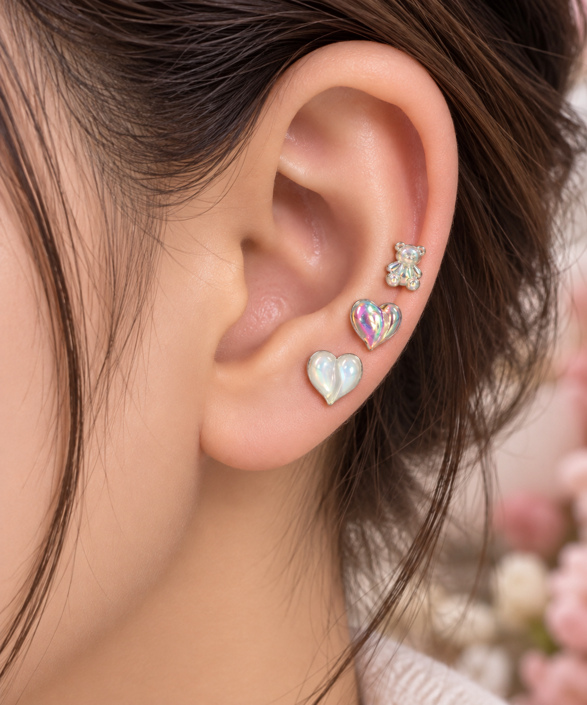 Iridescent Bear & Heart Ear Piercing Set