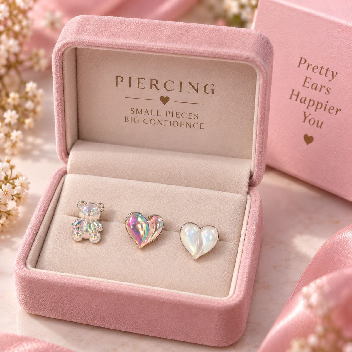Iridescent Bear & Heart Ear Piercing Set
