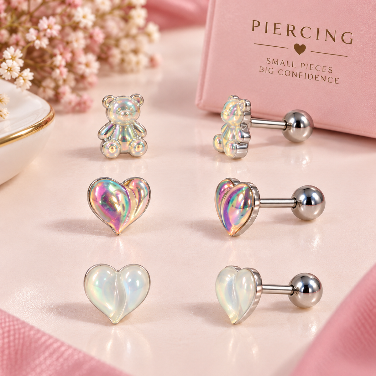 Iridescent Bear & Heart Ear Piercing Set