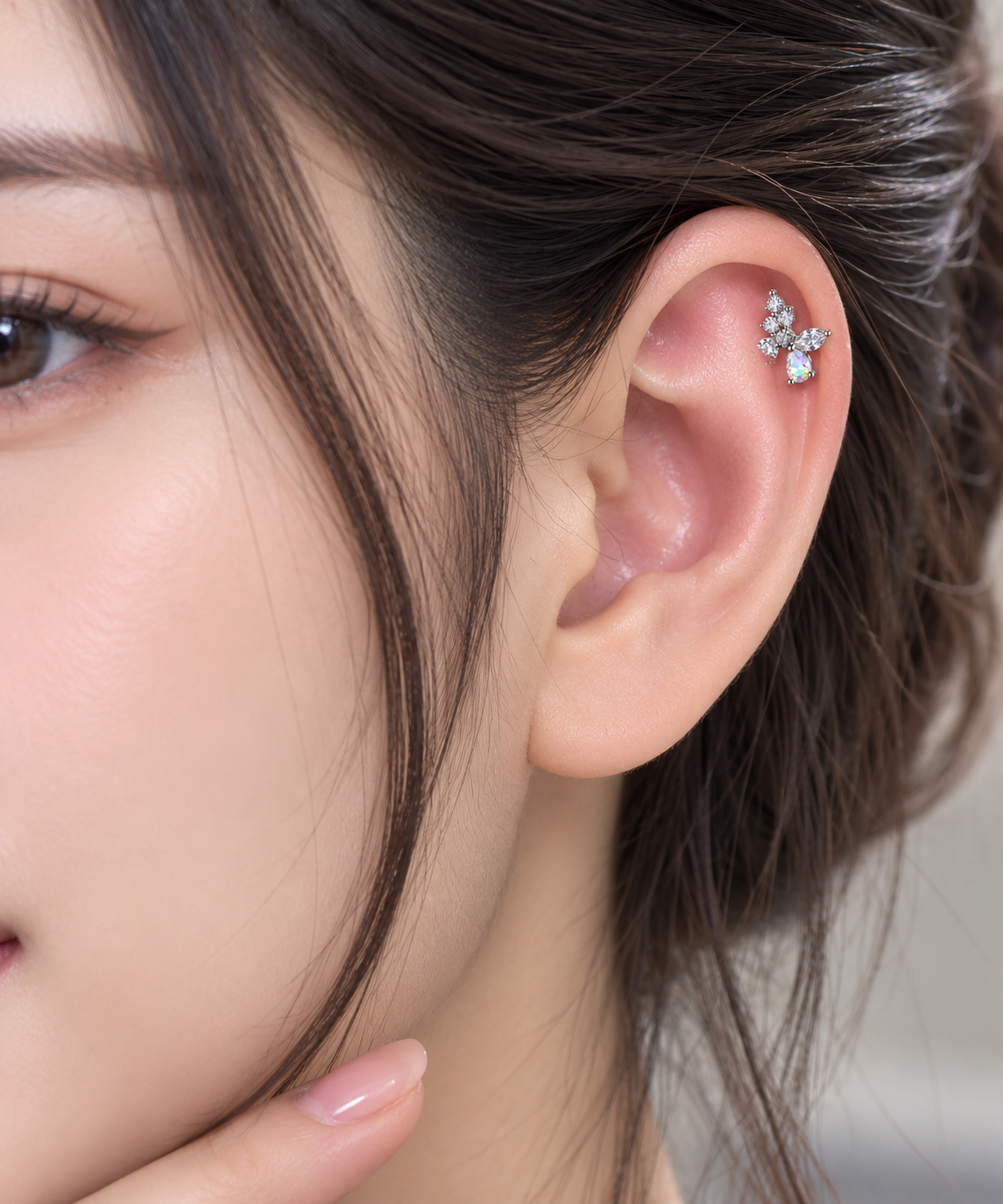 Silver Floral Crystal Ear Piercing