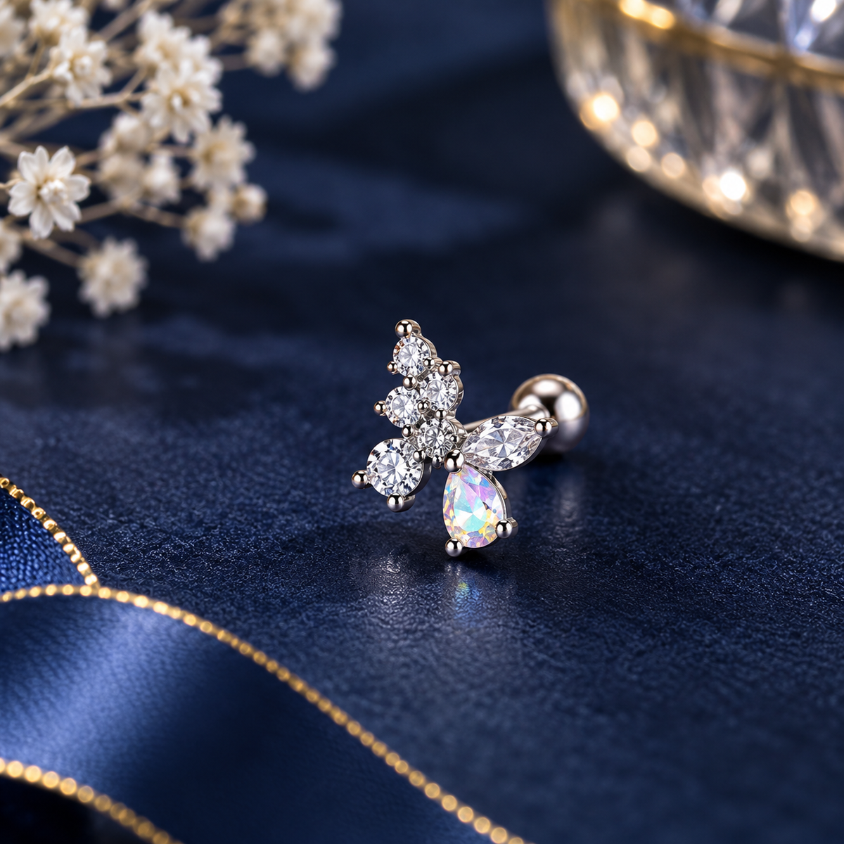 Silver Floral Crystal Ear Piercing