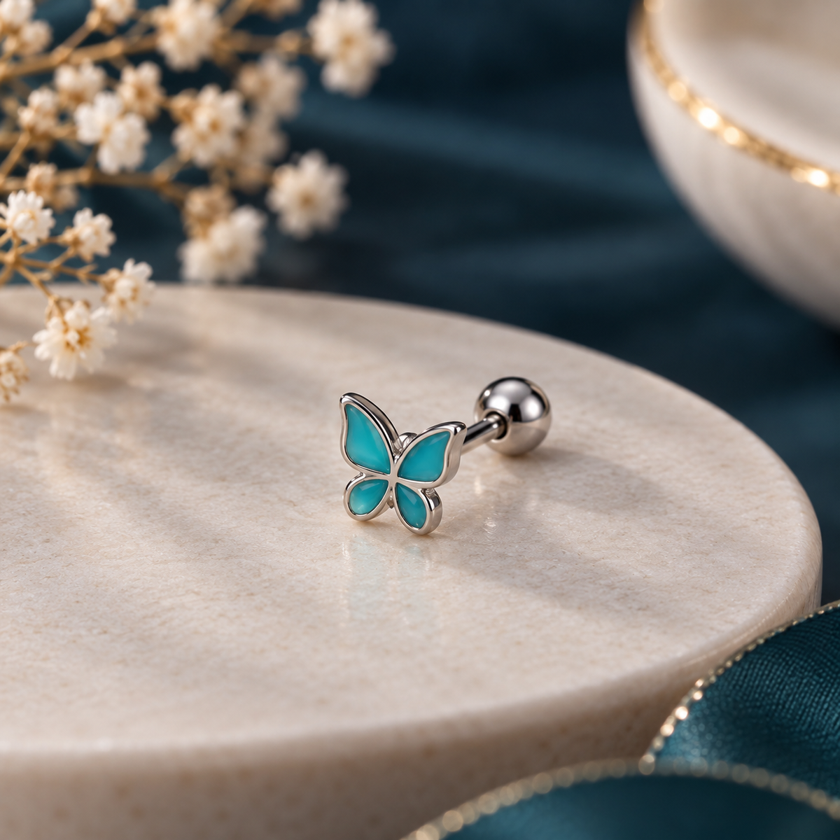 Silver Blue Butterfly Ear Piercing