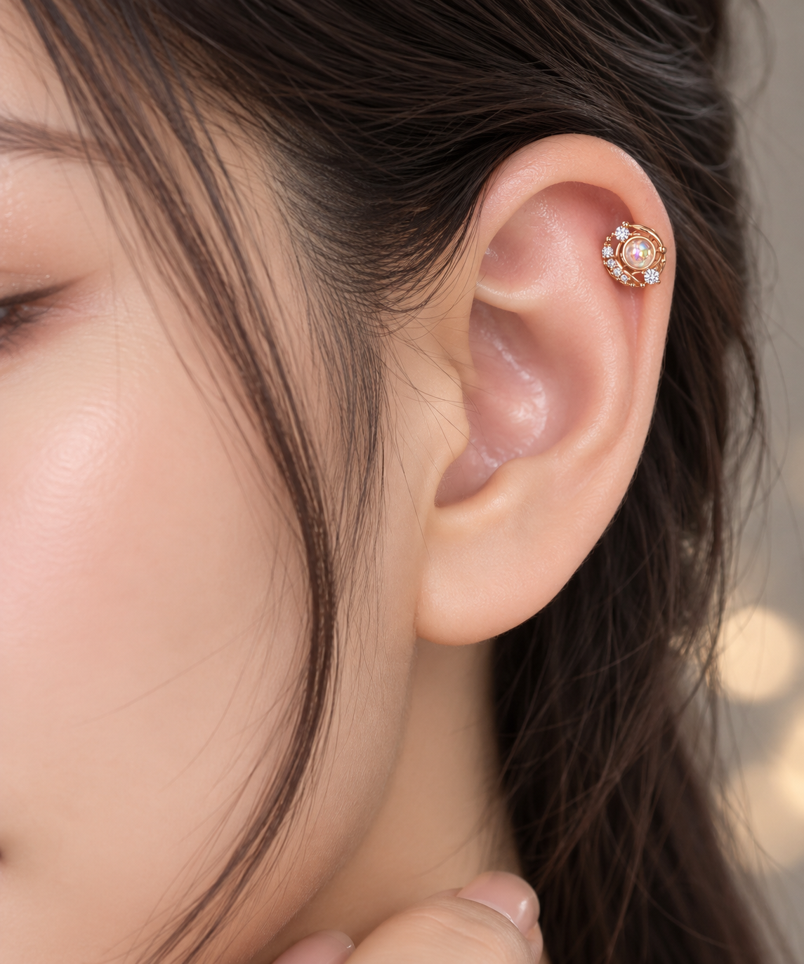 Rose Gold Opal Crystal Ear Piercing