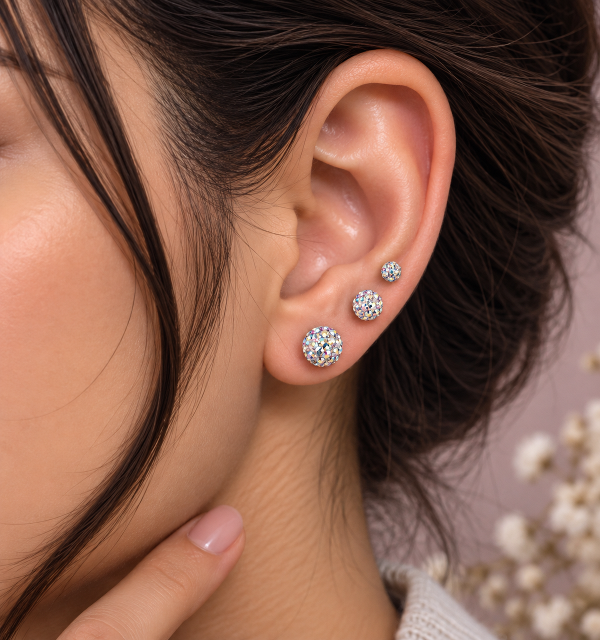 Silver Multi Shine Crystal Ball Ear Piercing Set