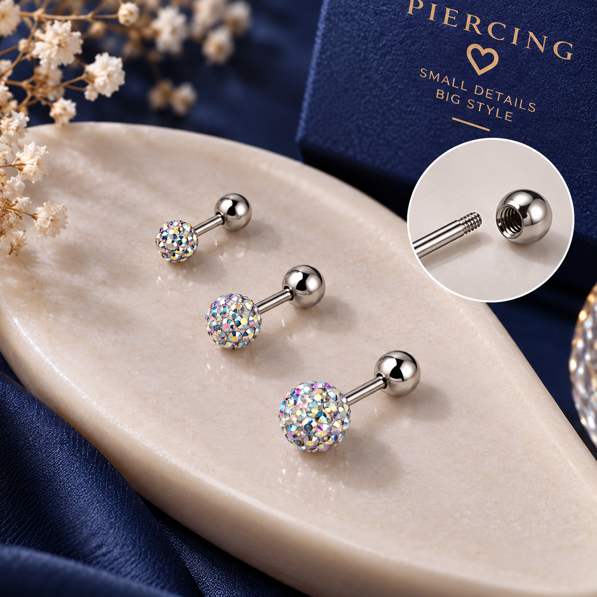 Silver Multi Shine Crystal Ball Ear Piercing Set