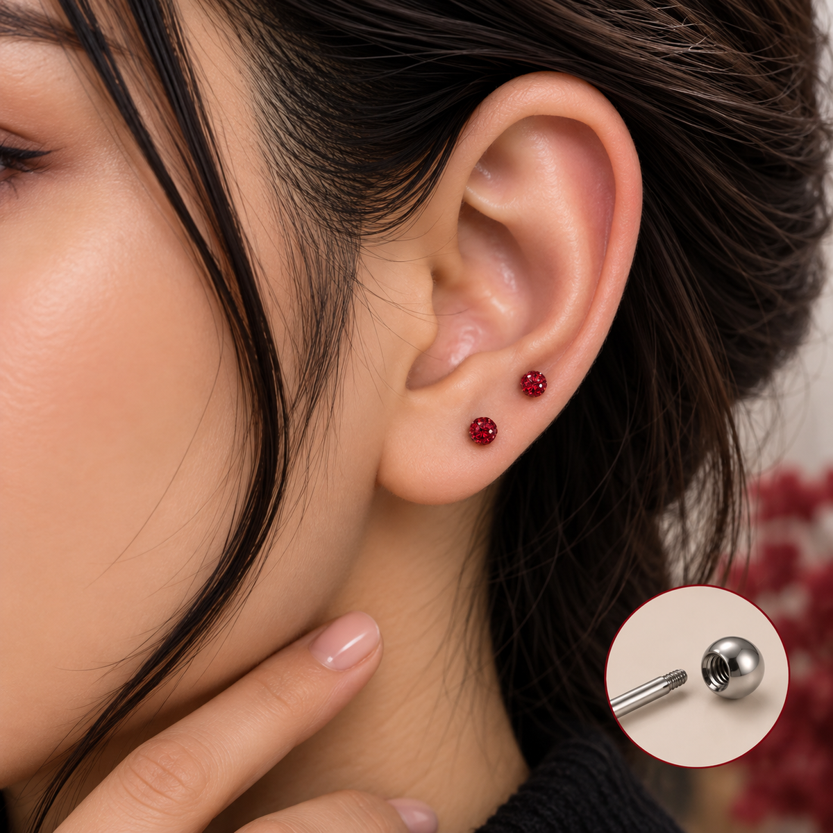 Red Crystal Ball Ear Piercing Set