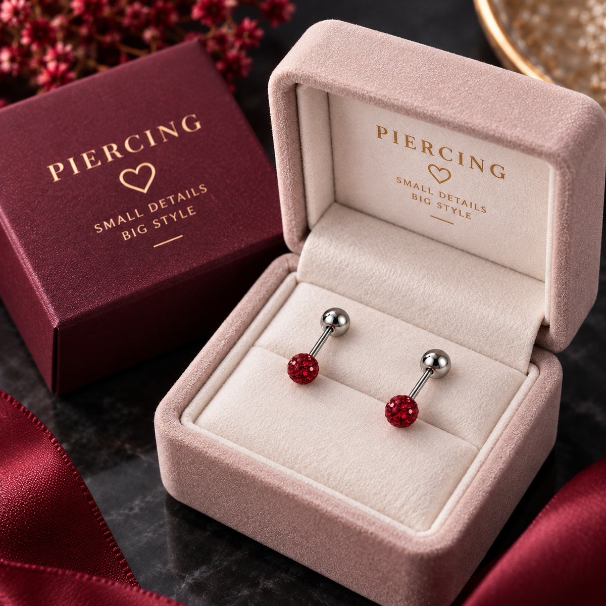 Red Crystal Ball Ear Piercing Set