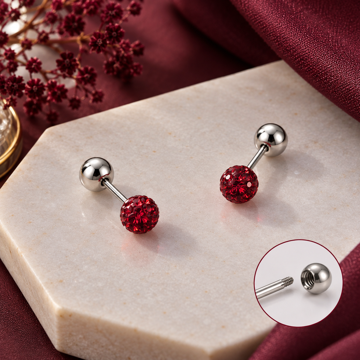 Red Crystal Ball Ear Piercing Set