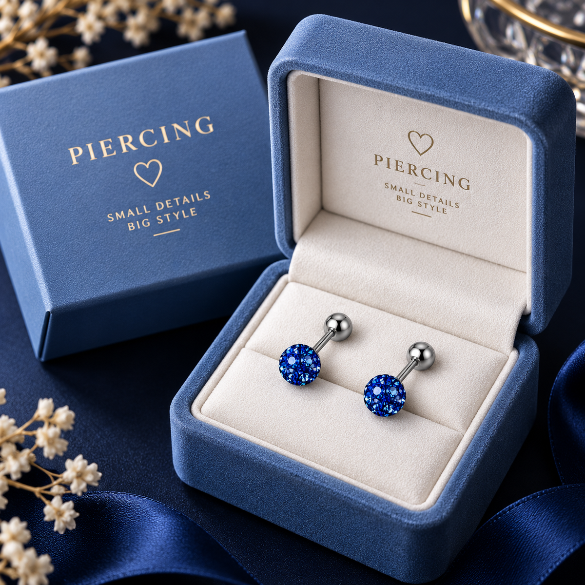 Blue Crystal Ball Ear Piercing