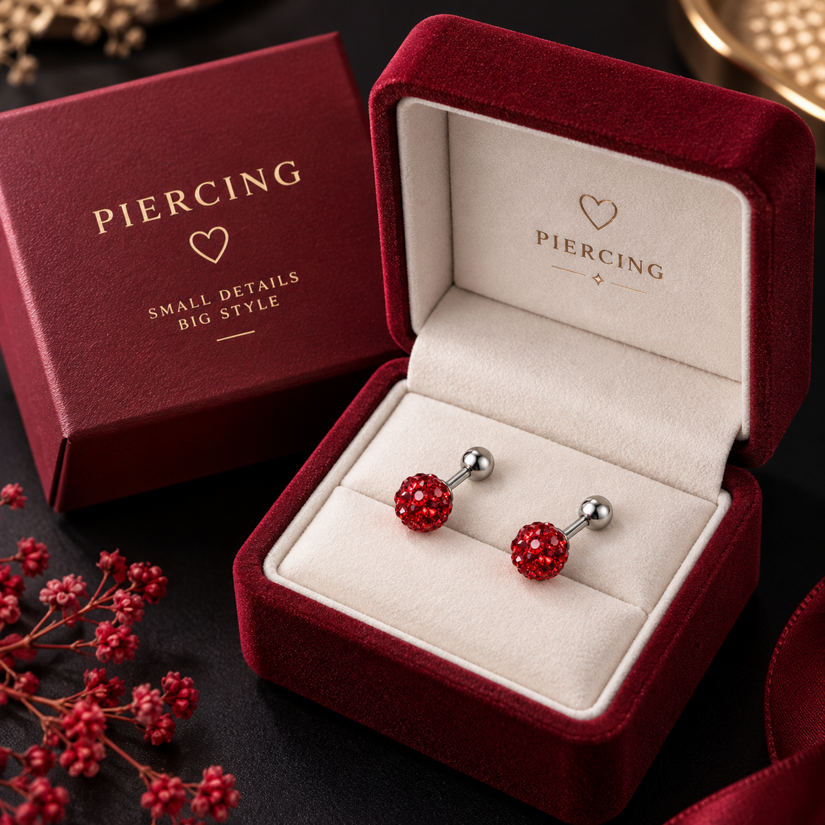 Red Crystal Ball Ear Piercing Set