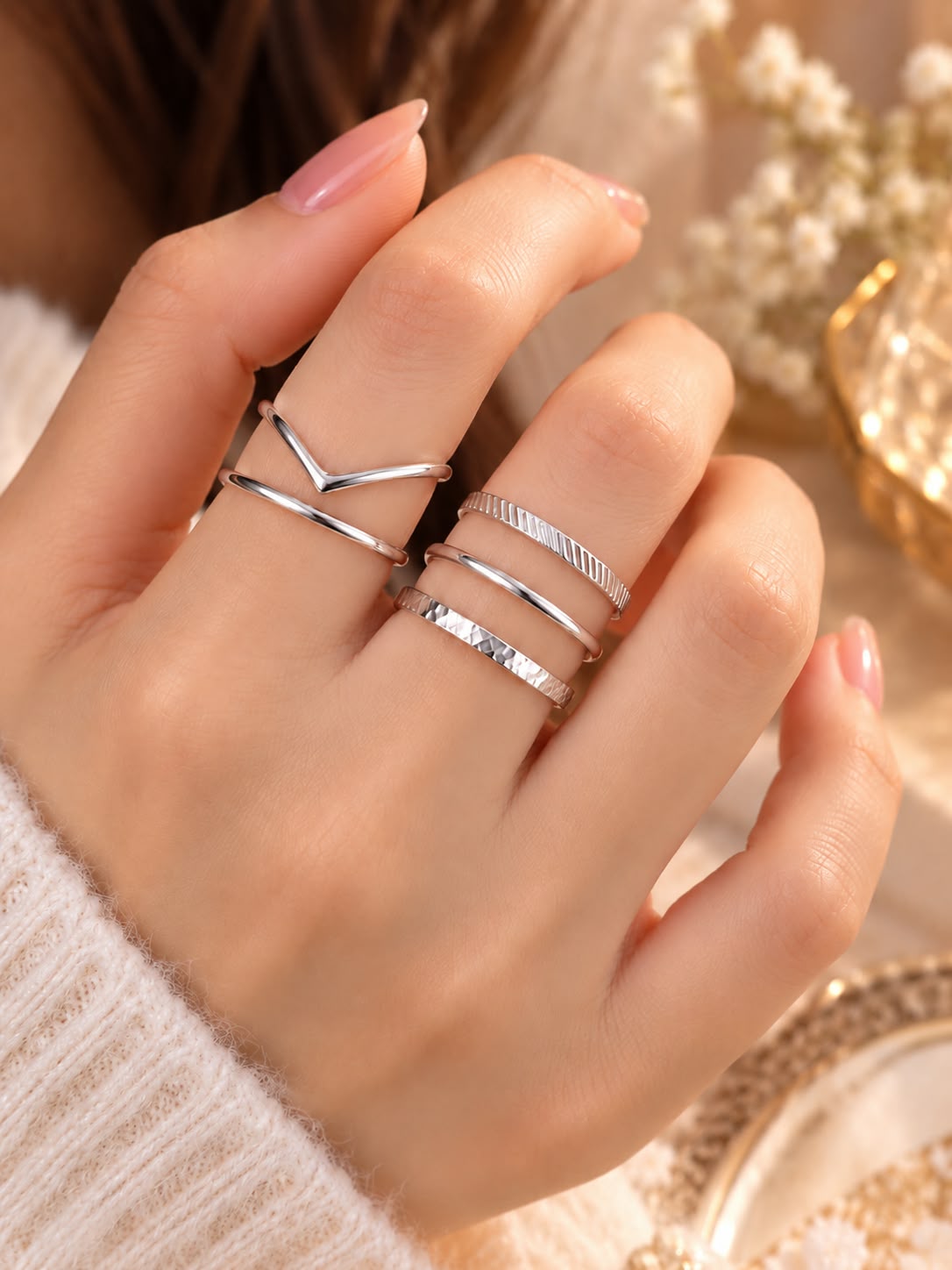 Set of Five Elegant Silver Ring Set for Women | Minimalist Stackable Rings