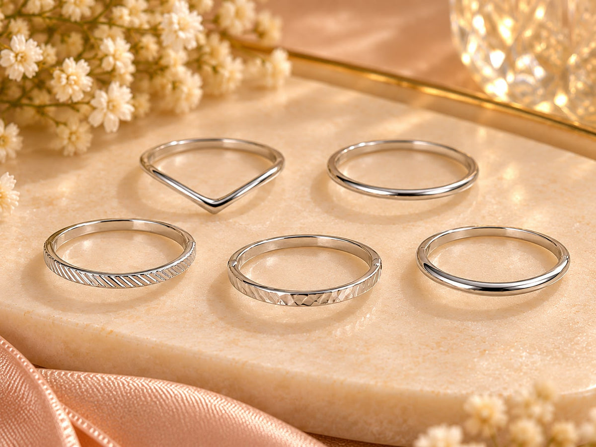 Set of Five Elegant Silver Ring Set for Women | Minimalist Stackable Rings