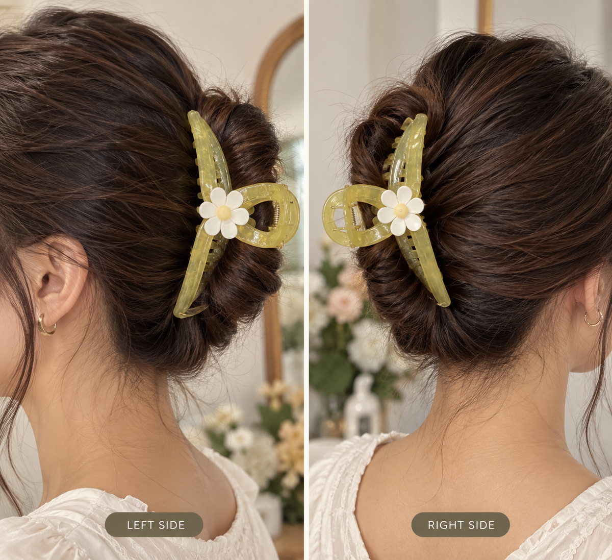 Green Hair Clutcher with White Flower Design