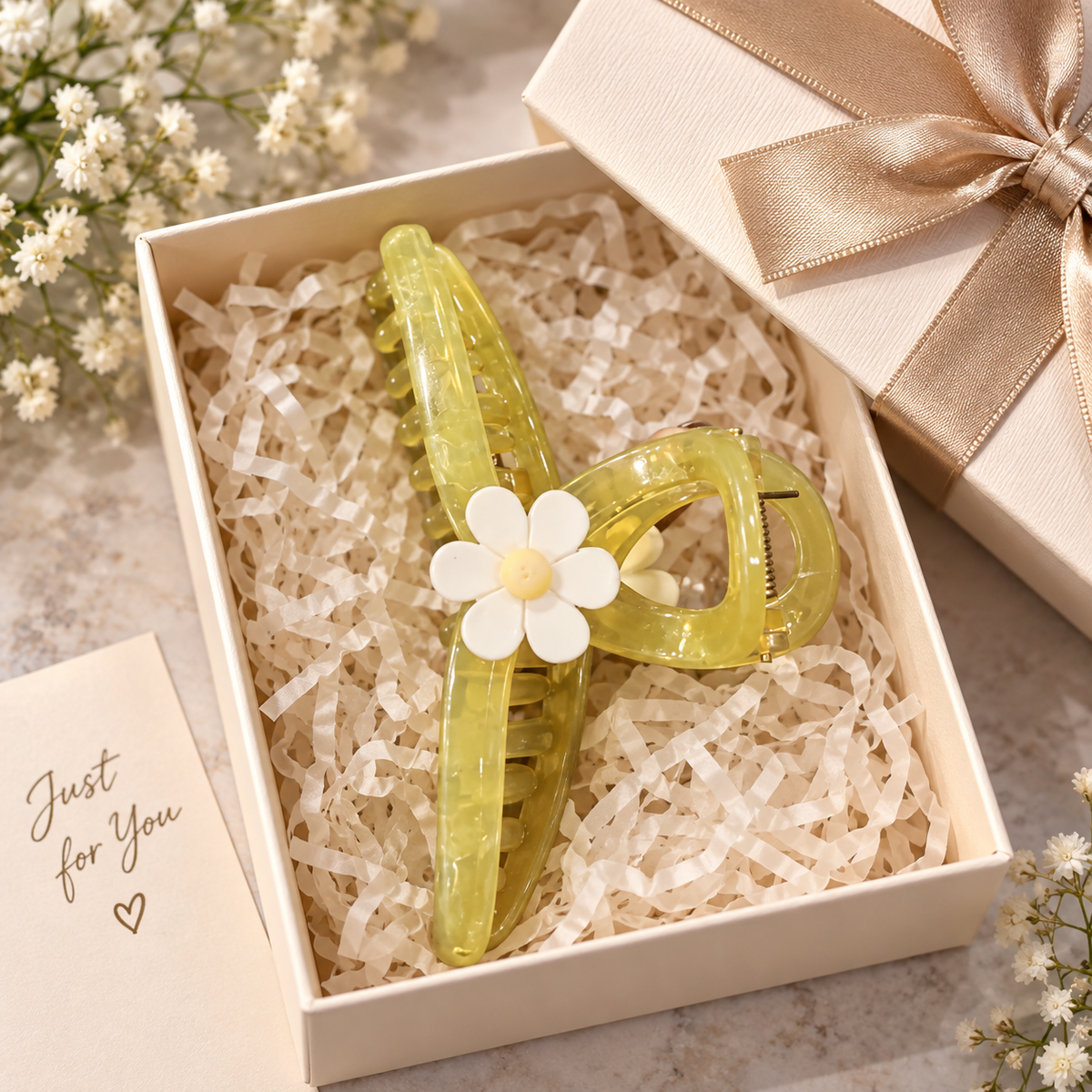 Green Hair Clutcher with White Flower Design