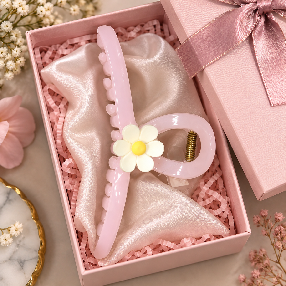 Pink Floral Hair Clutcher with Heart Design