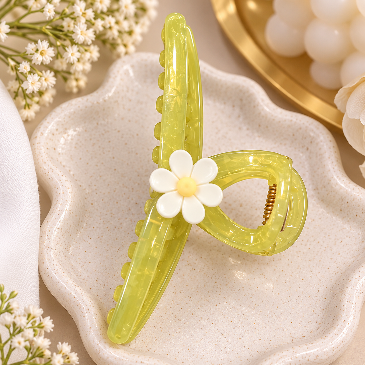 Green Hair Clutcher with White Flower Design