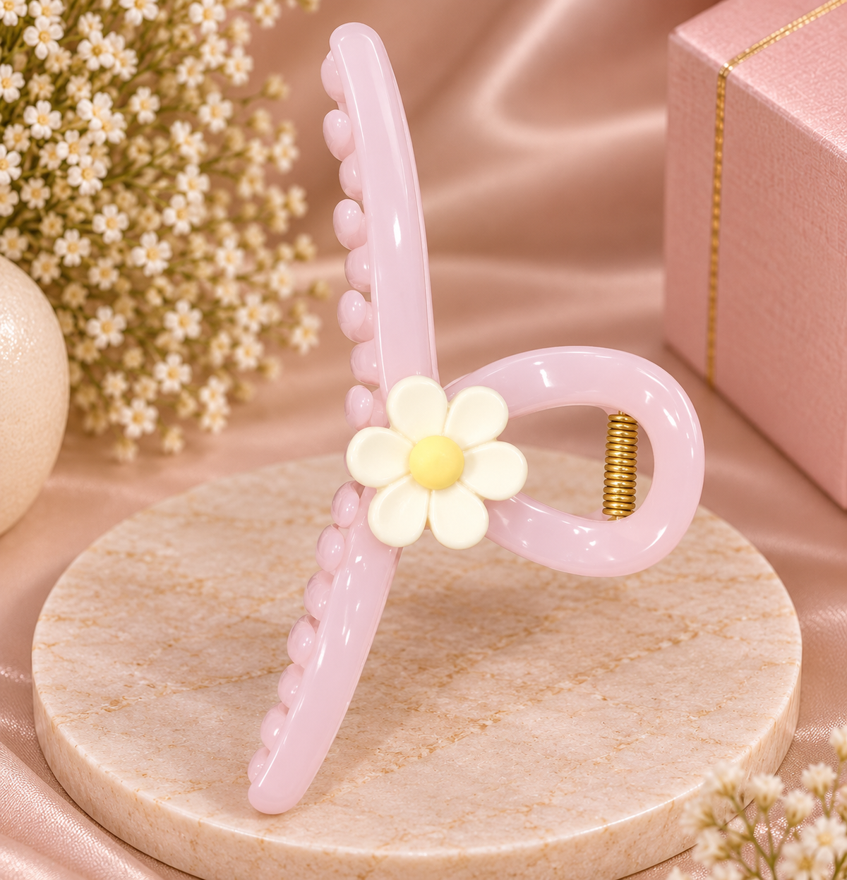 Pink Floral Hair Clutcher with Heart Design