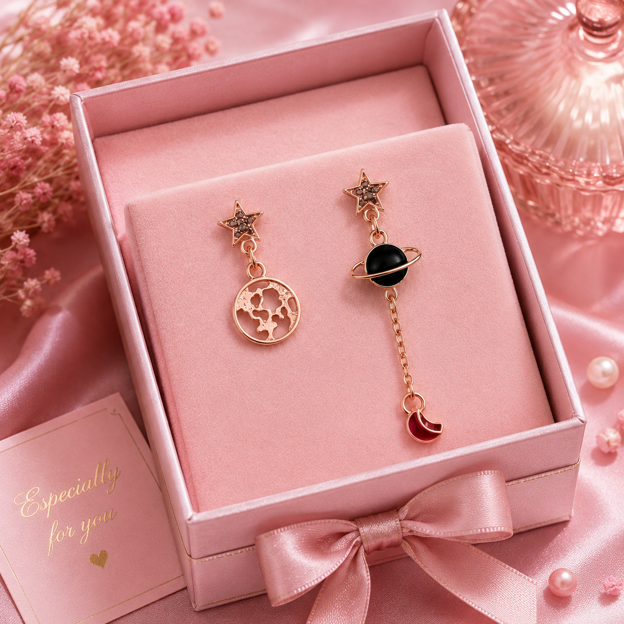 Celestial Star & Planet Asymmetrical Drop Earrings