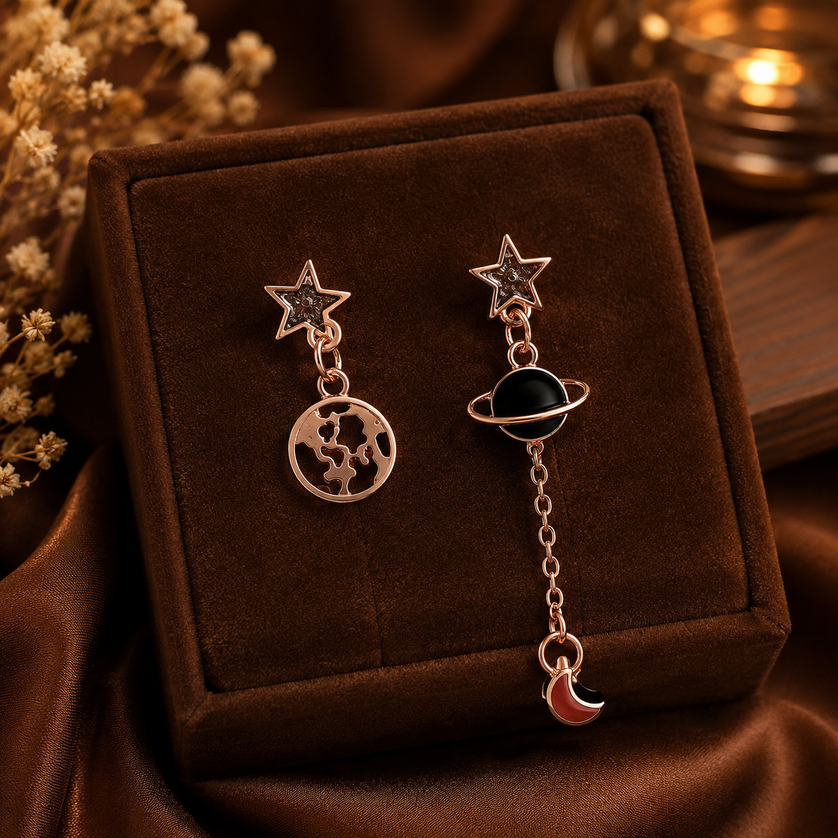 Celestial Star & Planet Asymmetrical Drop Earrings