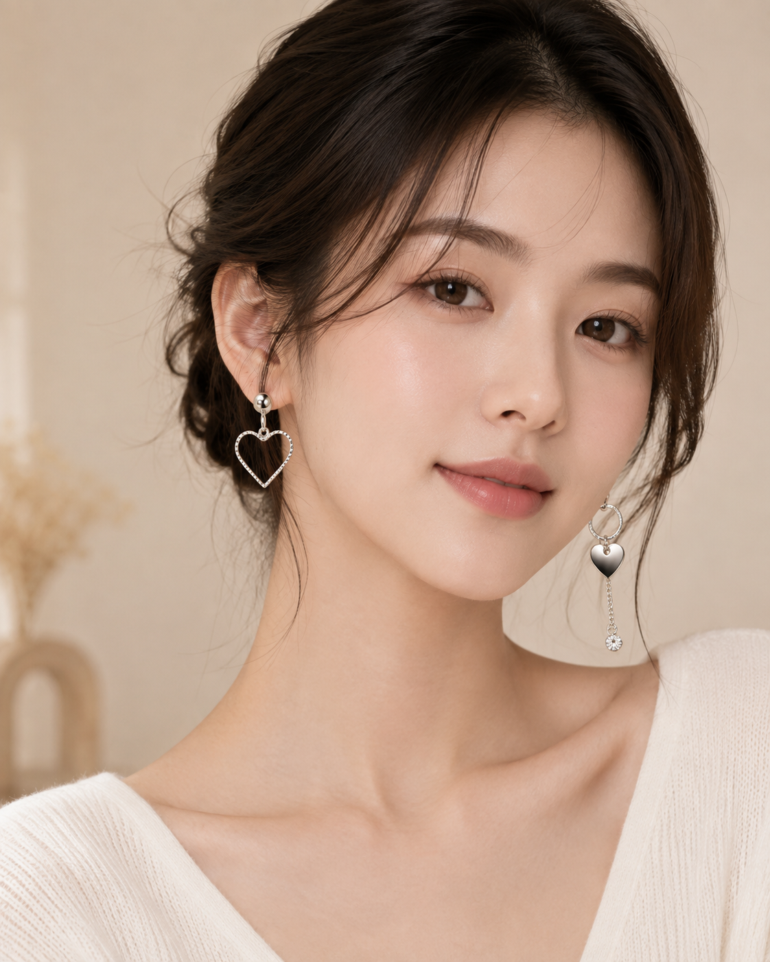 Silver Heart Asymmetrical Drop Earrings