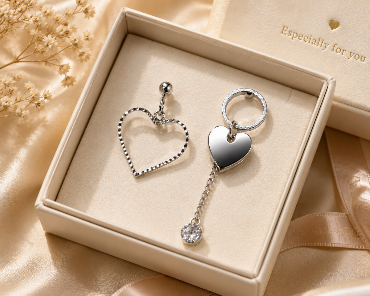 Silver Heart Asymmetrical Drop Earrings