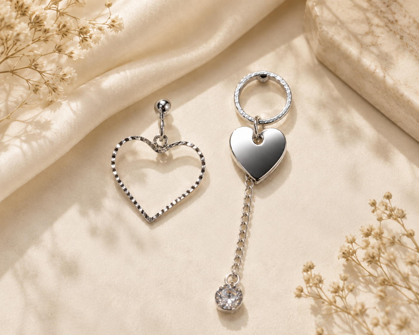 Silver Heart Asymmetrical Drop Earrings