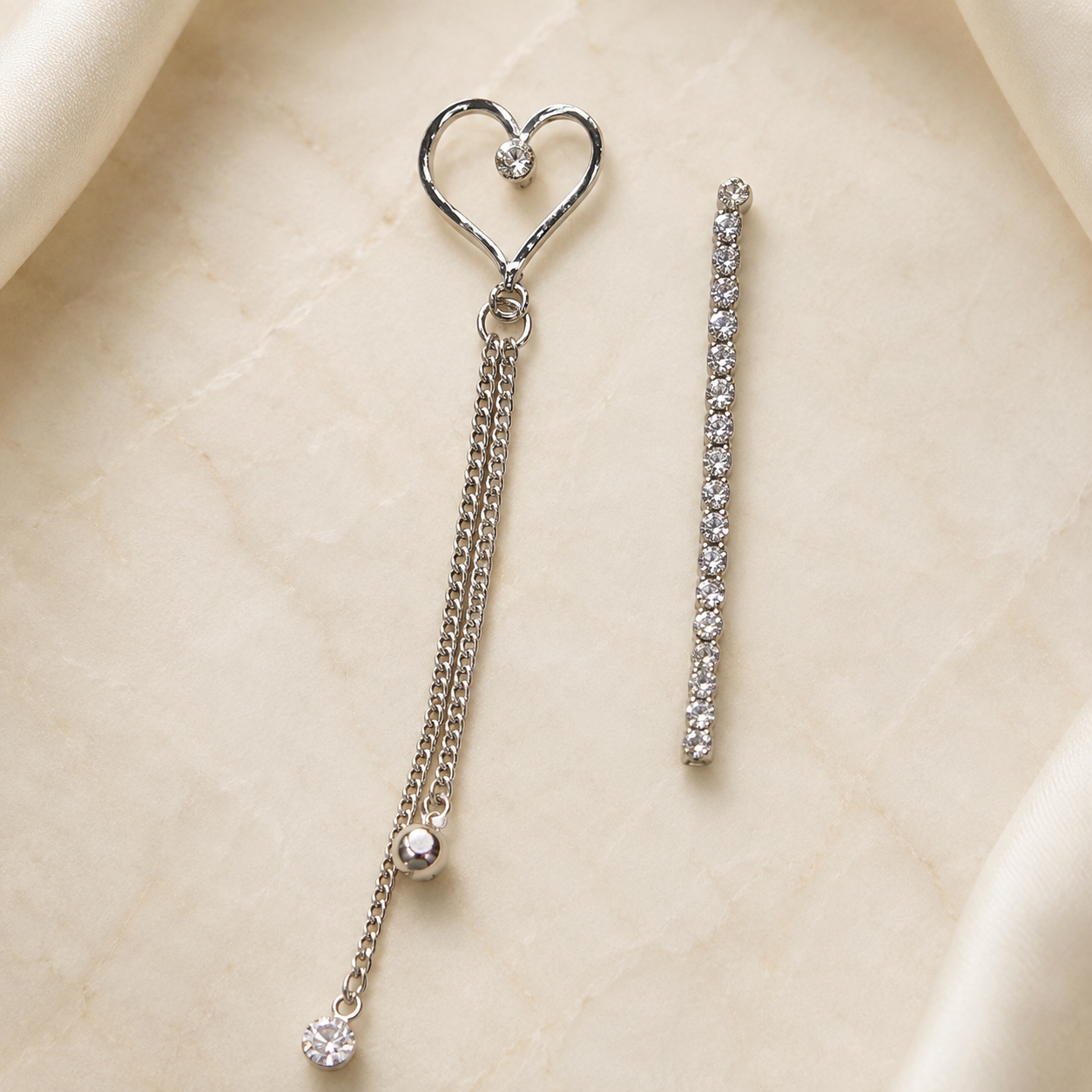 Silver-Tone Mismatched Heart & Crystal Drop Earrings