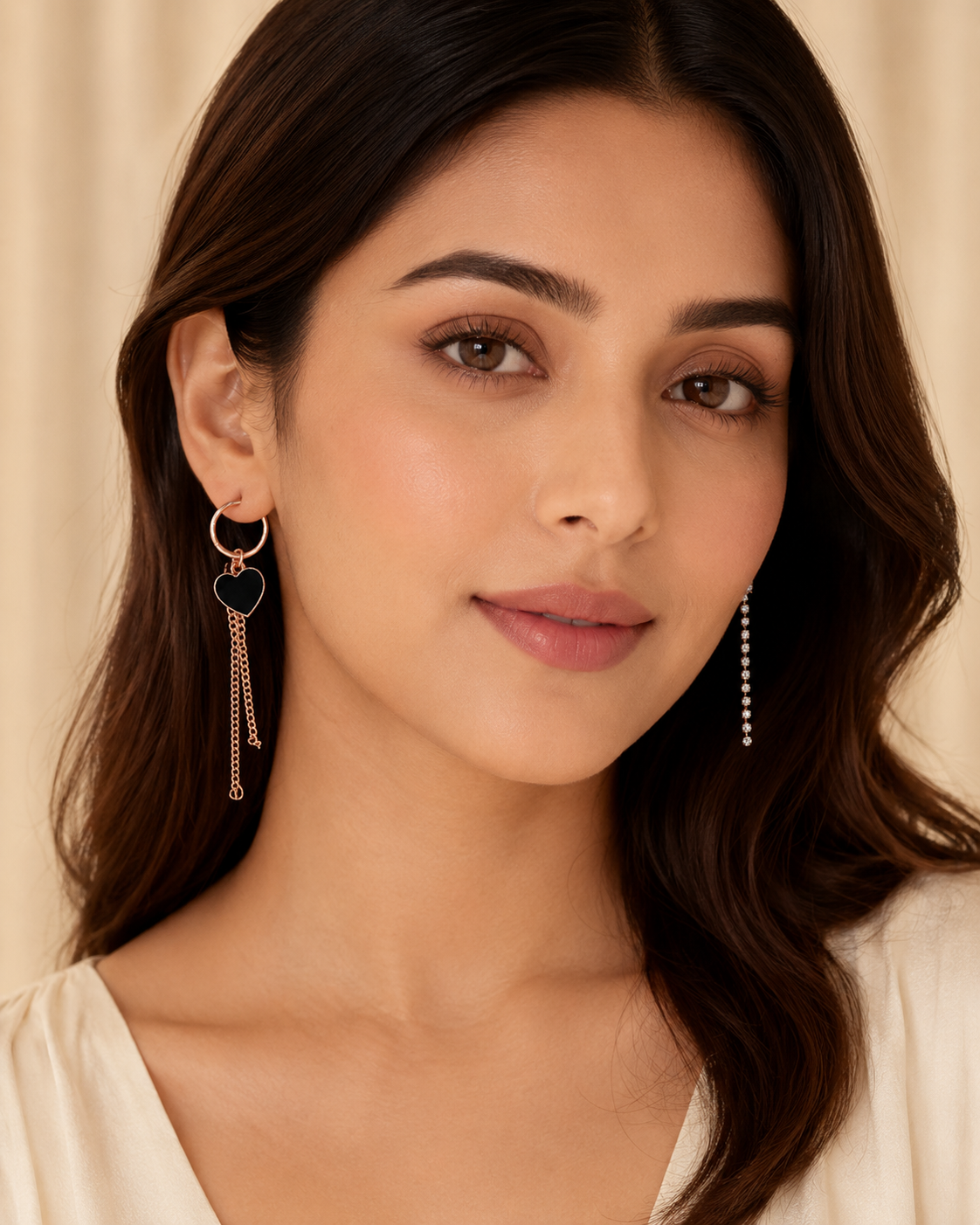 Black Heart & Crystal Mismatched Drop Earrings