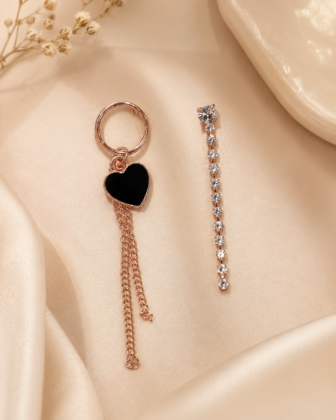 Black Heart & Crystal Mismatched Drop Earrings