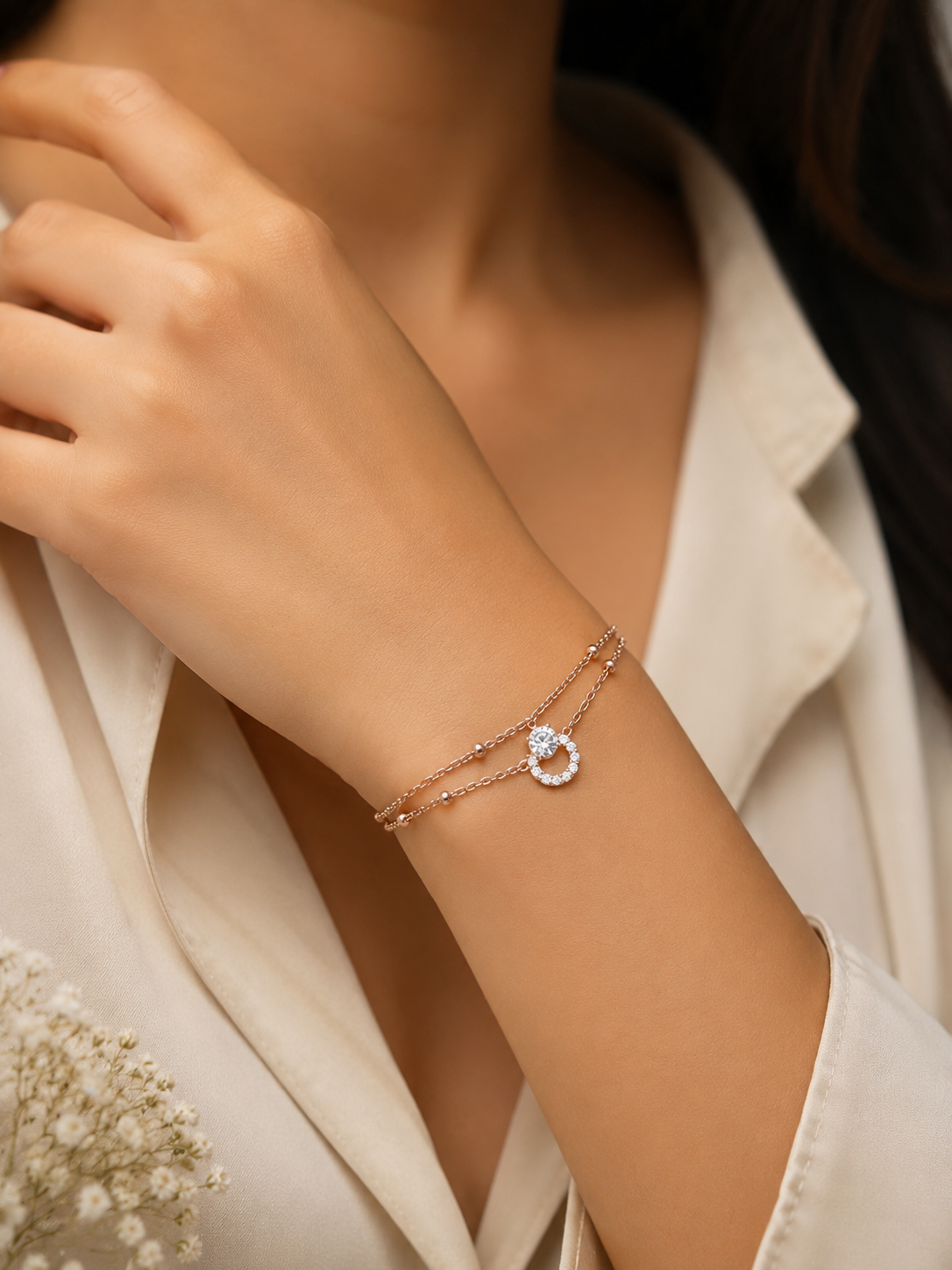 Rose Gold Double Layer Bracelet with Crystal Pendant