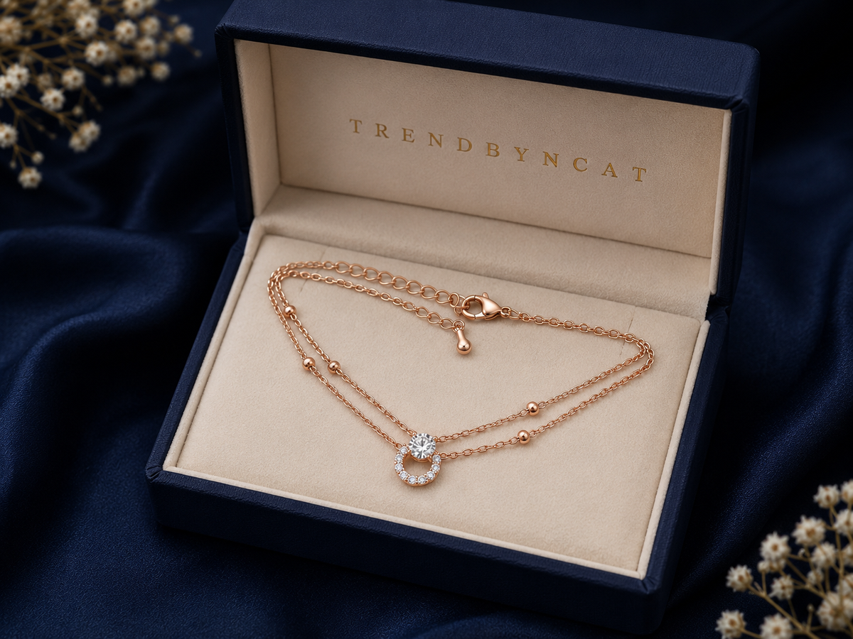 Rose Gold Double Layer Bracelet with Crystal Pendant