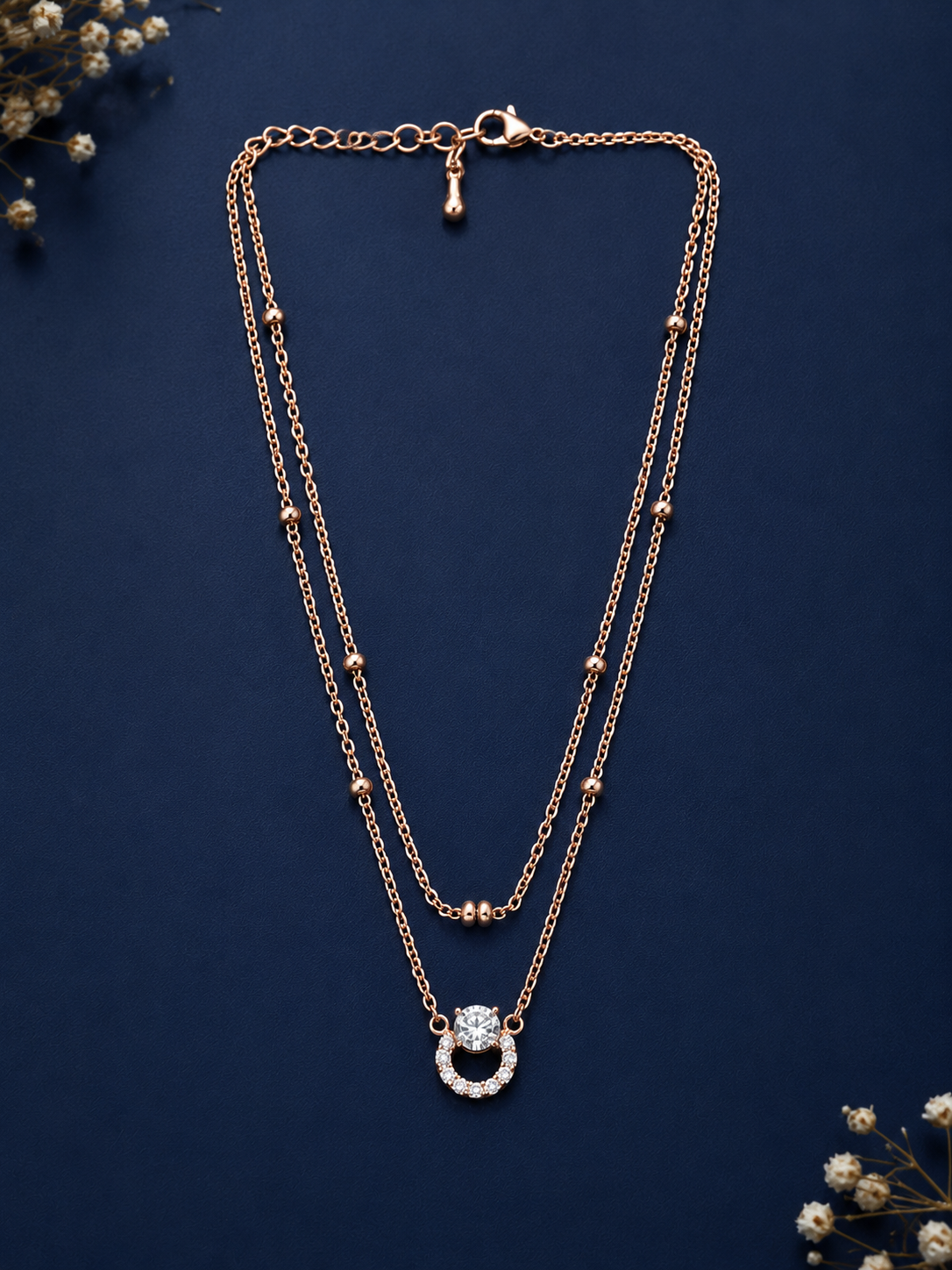 Rose Gold Double Layer Bracelet with Crystal Pendant